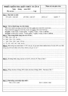 Phiếu kiểm tra kiến thức Tuần 8 Lớp 4 năm 2015 - Trường TH Tam Sơn 2